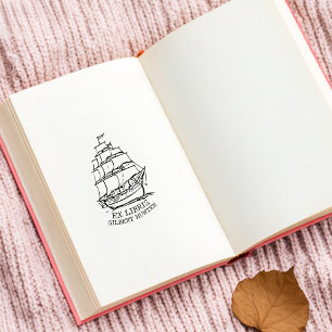 Carimbo De Borracha Ex Libris Moderno Navio Náutico Biblioteca Livro