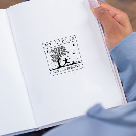 Carimbo De Borracha Ex-Libris Yoga com um gato na natureza, Livro