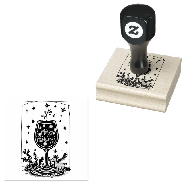 Carimbo De Borracha Feliz Natal num Vidro de Vinho (Carimbado)