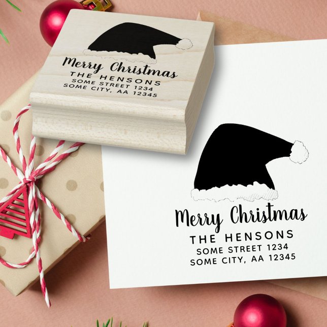 Carimbo De Borracha Feliz Natal Script Santa Hat Endereço Familiar (Criador carregado)