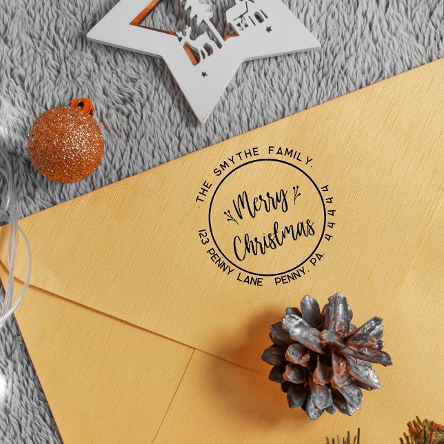 Carimbo De Borracha Feliz Natal Simples (Merry Christmas Round Family Name Rubber Stamp
)