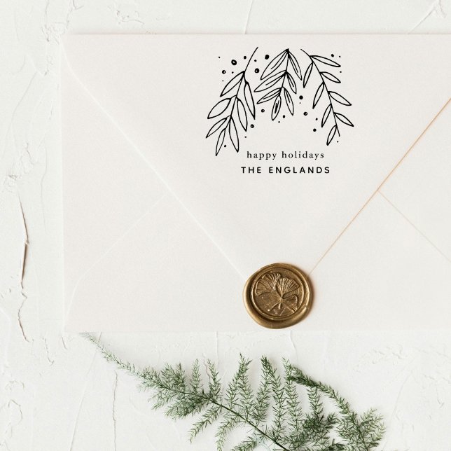 Carimbo De Borracha Feriado Personalizado Sprigs (Happy holidays botanical sprigs custom rubber stamp.)