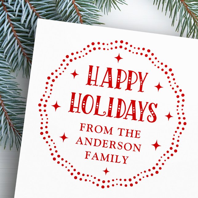 Carimbo De Borracha Feriados Felizes, fonte festiva, borda vermelha (Happy Holidays festive font dot border red Rubber Stamp)