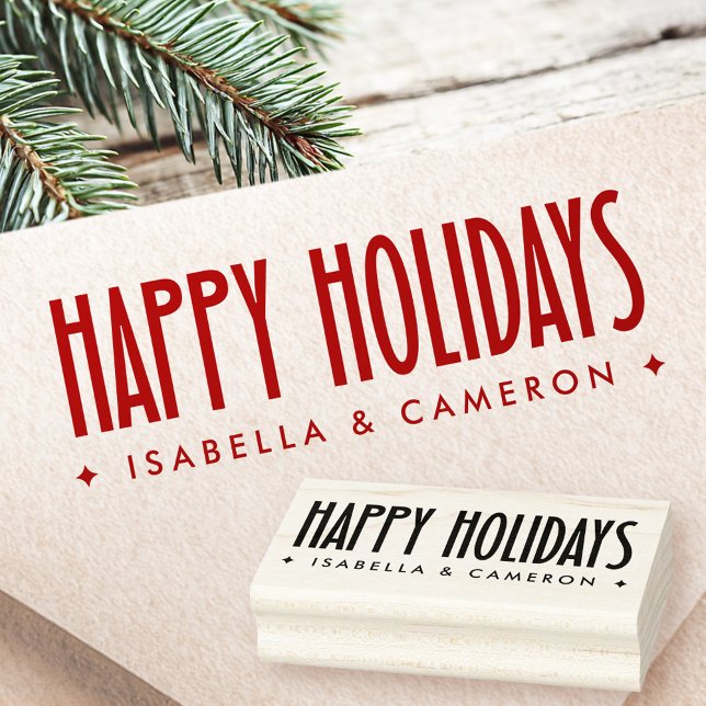 Carimbo De Borracha Férias Felizes fonte retrô nome personalizado (Happy Holidays retro font custom name Rubber Stamp)