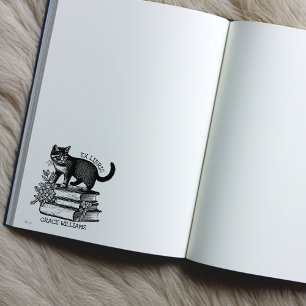 Carimbo De Borracha Floral Ex Libris Bookplate, Vintage Cat Book