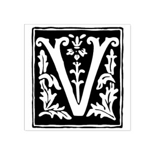 Carimbo De Borracha Floral - Letra alfabética V Tipografia Vintage