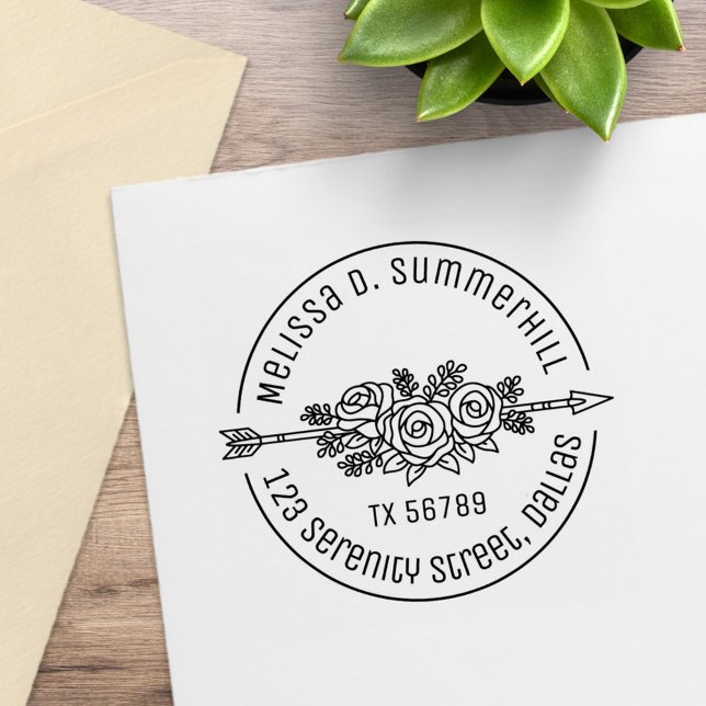 Carimbo De Borracha Floral Tribal Arrow Rosa, Flor, Endereço redondo V (Criador carregado)