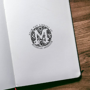 Carimbo De Borracha Flores de Monograma Antigo Da Biblioteca De 