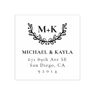 Carimbo De Borracha Foliage Wreath Monograma Return Address
