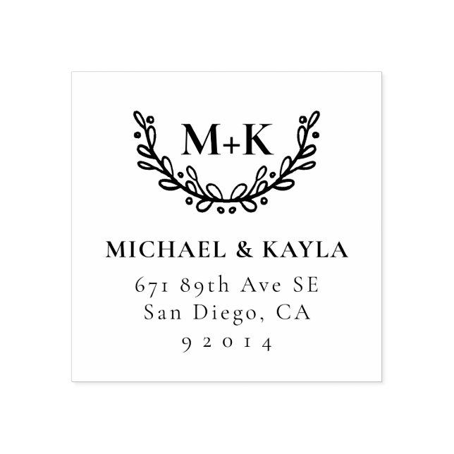 Carimbo De Borracha Foliage Wreath Monograma Return Address (Impressão)