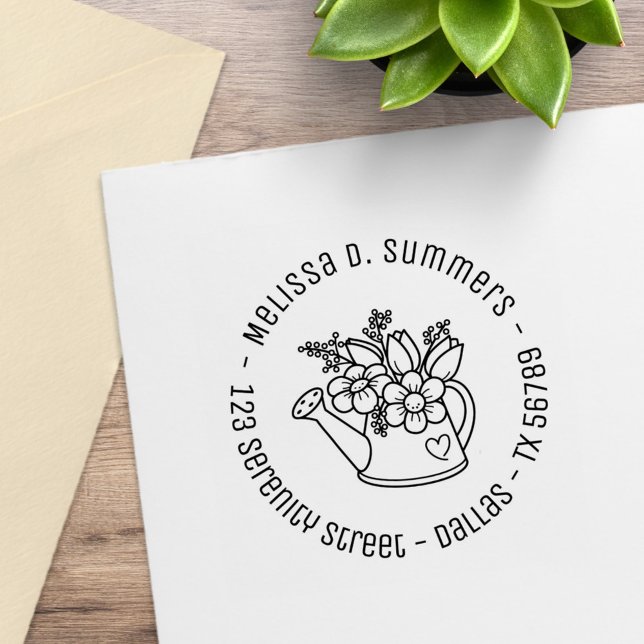 Carimbo De Borracha Garden Watering Can com Flores Endereço Redondo (Criador carregado)