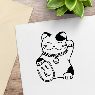 Carimbo De Borracha Gato da Sorte Japonês, Maneki Neko - Monograma