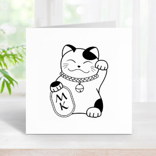 Carimbo De Borracha Gato de Boa Sorte Japonês, Maneki Neko - Monograma