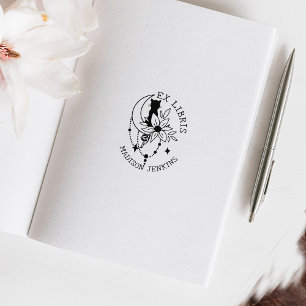 Carimbo De Borracha Gato de Lua Mística com Flores, Ex Livro Libris