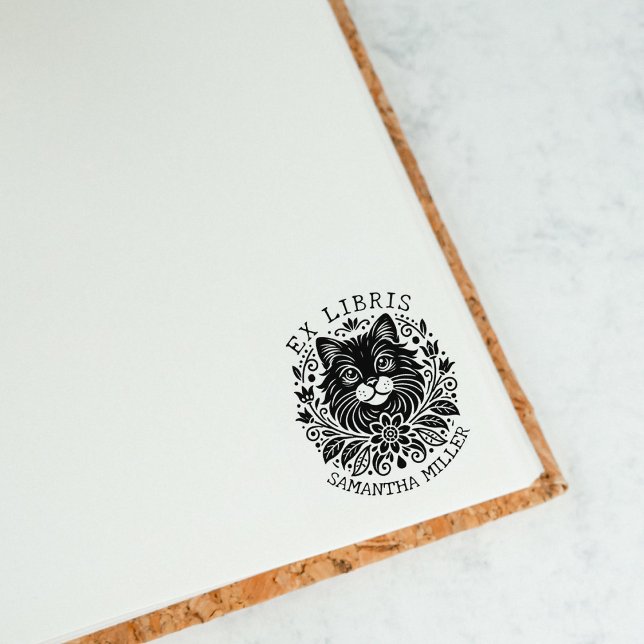 Carimbo De Borracha Gato Místico com Livro de Ex Libris de Flores (Criador carregado)