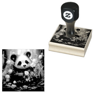 Carimbo De Borracha Gentil Urso Panda Entre Rosas Selvagens