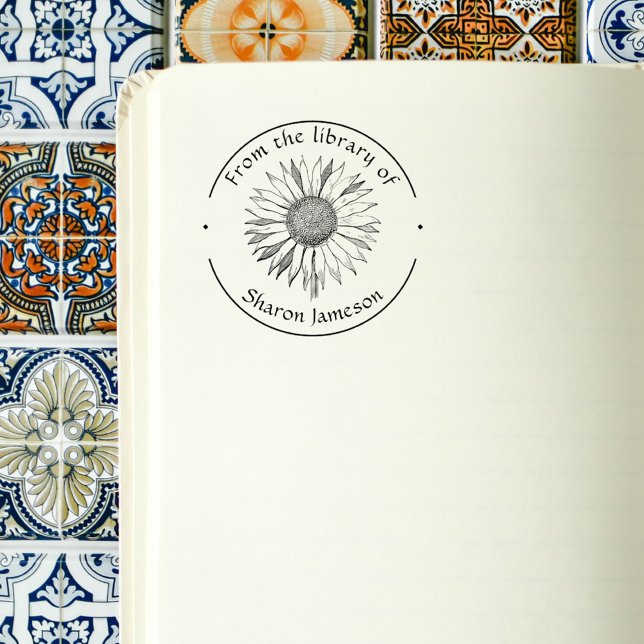 Carimbo De Borracha Girassol Elegante/ Da Biblioteca de/ Nome / (Custom Name Elegant From The Library Sunflower Library Books Stamp)