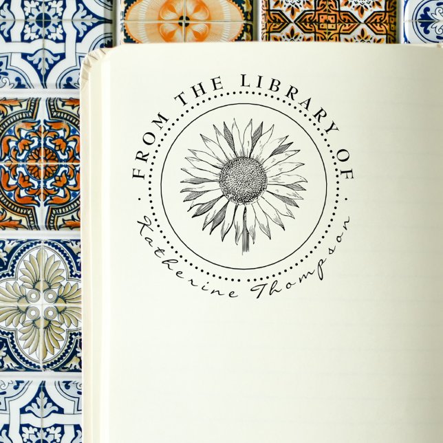 Carimbo De Borracha Girassol Rústico Da Biblioteca Do Nome Personaliza (Criador carregado)