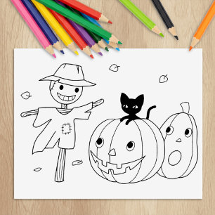 Carimbo De Borracha Halloween Pumpkins e Scarecrow Coloring Page
