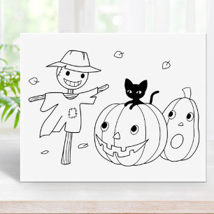Carimbo De Borracha Halloween Pumpkins e Scarecrow Coloring Page