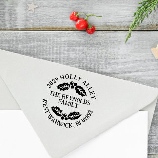 Carimbo De Borracha Holly Leaves & Berries Christmas Return Address