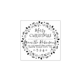Carimbo De Borracha Holly & Pine Wreath Script Name & Return Address