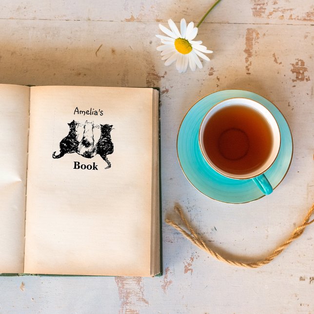 Carimbo De Borracha Ilustração de Gato Negro e Branco Este livro perte (Criador carregado)