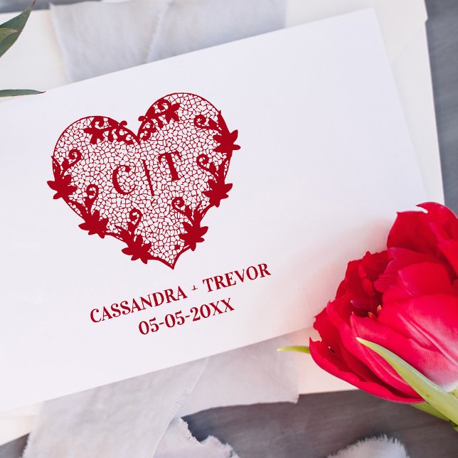 Carimbo De Borracha Initials Sophisticated Wedding Lace Floral Heart (Criador carregado)
