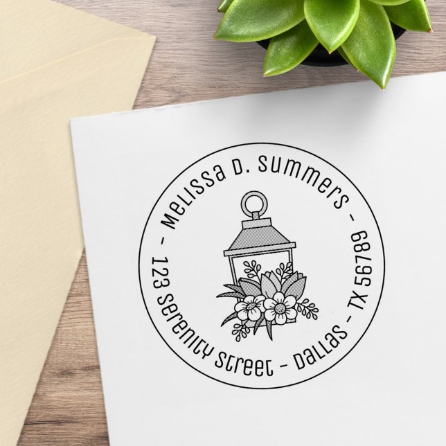 Carimbo De Borracha Jardim Lanterna Flores Arredondada Endereço 3 (Criador carregado)