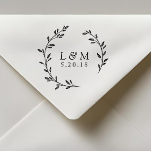 Carimbo De Borracha Laurel Wreath Monograma Wedding Date (Salvação da 