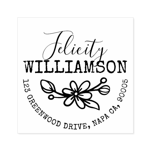 Carimbo De Borracha Leafy Floral Botanical Blossom Daisy Nome Endereço (Impressão)