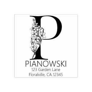 Carimbo De Borracha Letra principal floral - P - monograma do endereço