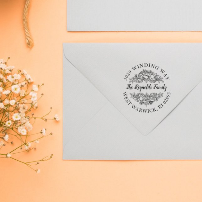 Carimbo De Borracha Linda Rose Bouquet Lineart Nome e Endereço (Criador carregado)