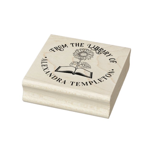 Carimbo De Borracha Livro com Girassol “Da biblioteca de” Redondo (Carimbo)