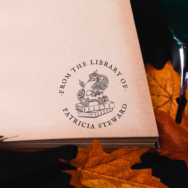 Carimbo De Borracha Livro Da Biblioteca Da Caveira De Flores Gótica (Criador carregado)