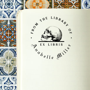Carimbo De Borracha Livro da Biblioteca de Script de Vintage do Skull