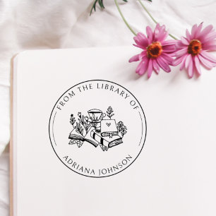 Carimbo De Borracha Livros E Flores De Café Da Biblioteca De