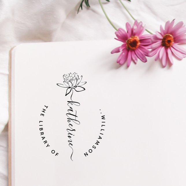 Carimbo De Borracha Lotus Flower Elegant Script Custom Name Library Ru (Criador carregado)