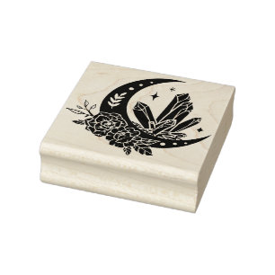 Carimbo De Borracha Lua Com Flores E Cristais