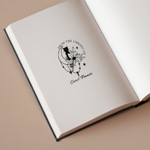 Carimbo De Borracha Lua Mística Personalizada com Gato da Biblioteca d