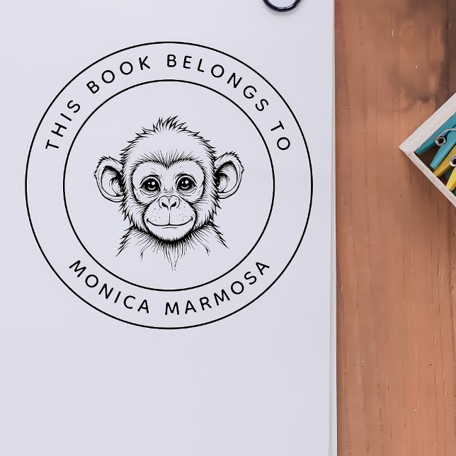 Carimbo De Borracha Macaco-Bebê Bonito Este Livro Pertence Ao Nome Da  (Criador carregado)