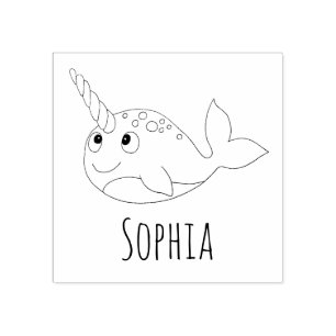 Carimbo De Borracha Meninas Cute Rainbow Narwhal & Name School Bookpla