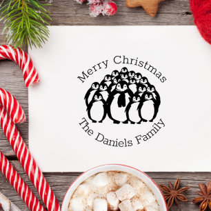 Carimbo De Borracha Monograma Feliz Natal Família Pinguim