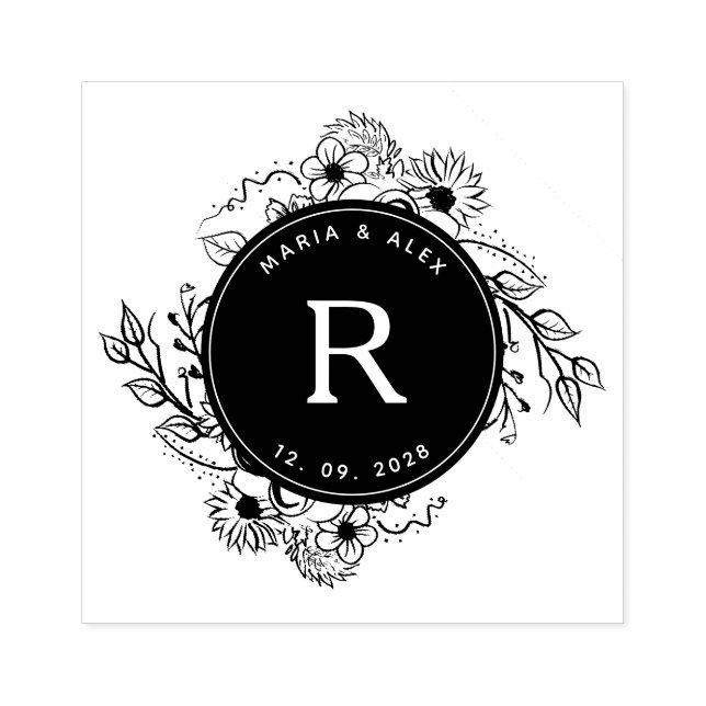 Carimbo De Borracha Monograma Floral de Casamento Rústico (Impressão)
