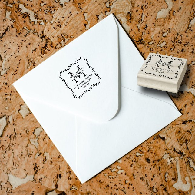 Carimbo De Borracha Monograma Personalizado de Borda Botânica na moda (Criador carregado)