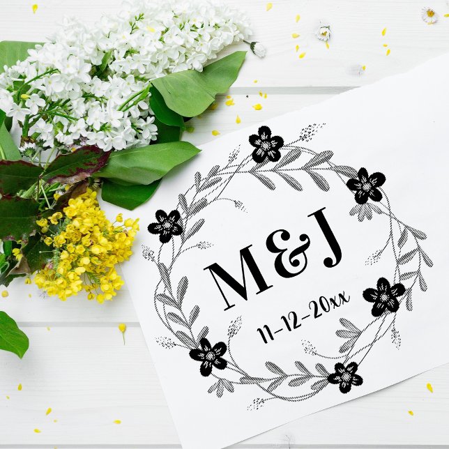 Carimbo De Borracha Monogramas de flores bonito e casamento personaliz (Criador carregado)