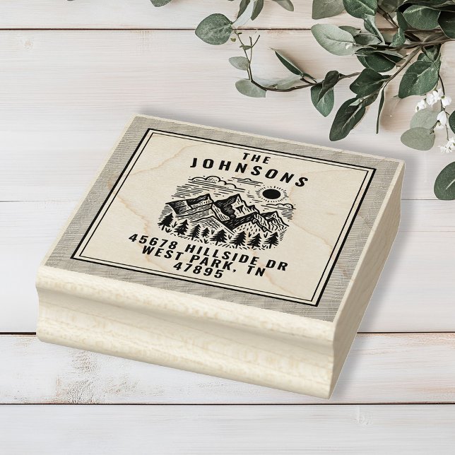 Carimbo De Borracha Montanhas Rústicas Modernas Personalizadas (Modern Rustic Mountain Return Address Stamp)