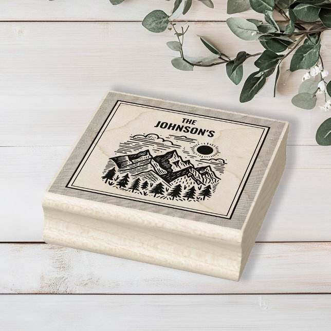 Carimbo De Borracha Montanhas Rústicas Modernas Personalizadas (Modern Rustic Mountains Custom Family Name Rubber Stamp)