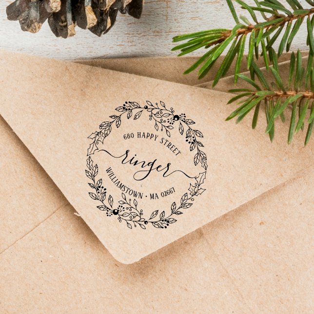 Carimbo De Borracha Morada Floral Floral de Natal Elegante (Elegant Christmas Floral Wreath Address Rubber Stamp)