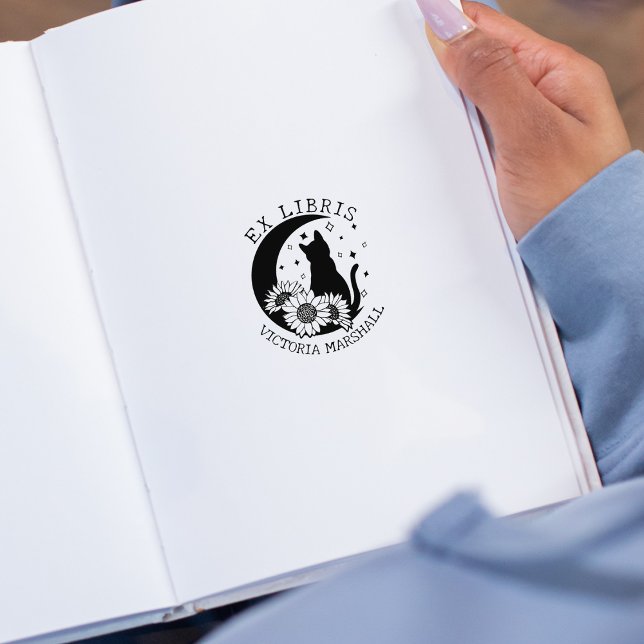 Carimbo De Borracha Mystic Moon Cat. com girassóis, ex Libris Book (Criador carregado)